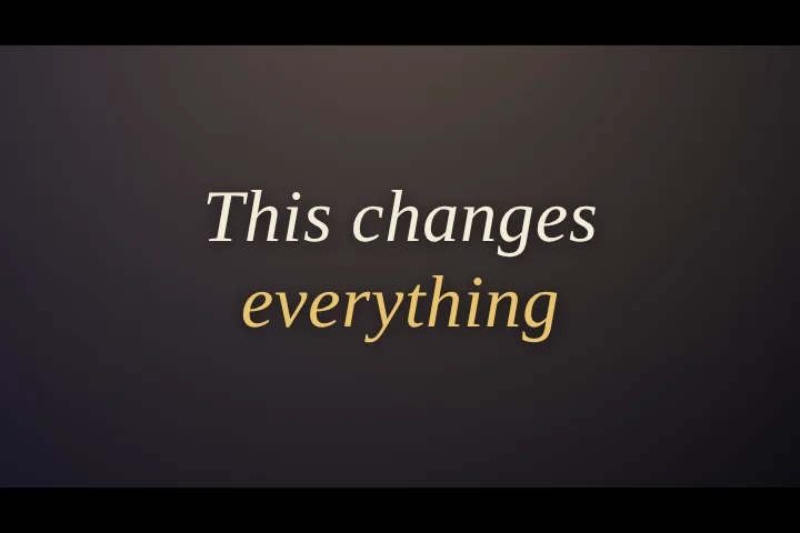 Cinematic caption style: Film-title serif, letterbox bars, words fade up from the dark