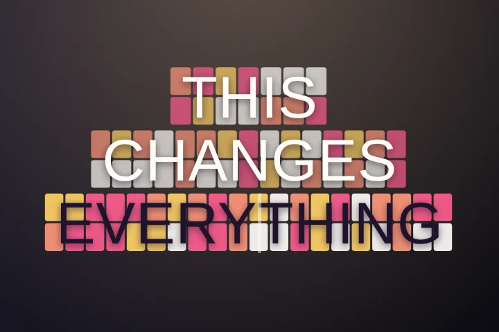 Mosaic caption style: Colourful tiles assemble behind each word, then lock into crisp type