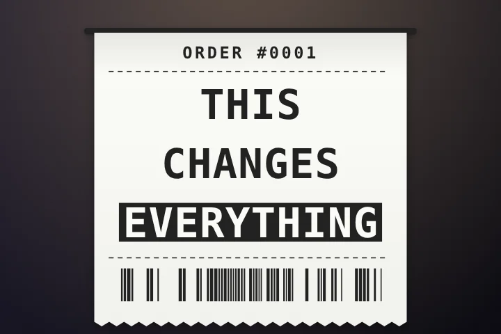 Receipt caption style: A till receipt feeds out and prints each word, barcode and all